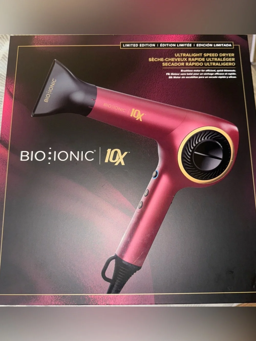 Bio Ionic 10X Limited Edition Metallic Burgundy Hair Dryer with Gold Trim
